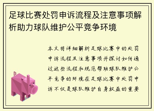 足球比赛处罚申诉流程及注意事项解析助力球队维护公平竞争环境