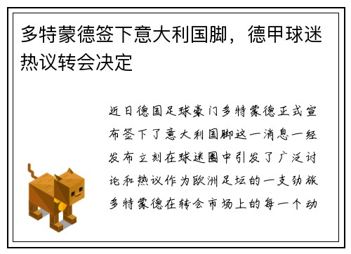 多特蒙德签下意大利国脚，德甲球迷热议转会决定