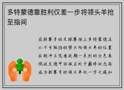 多特蒙德靠胜利仅差一步将领头羊抢至指间
