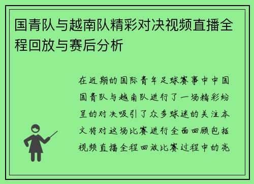 国青队与越南队精彩对决视频直播全程回放与赛后分析