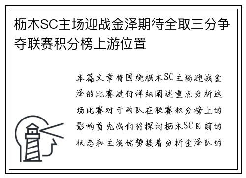 枥木SC主场迎战金泽期待全取三分争夺联赛积分榜上游位置