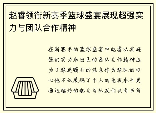赵睿领衔新赛季篮球盛宴展现超强实力与团队合作精神
