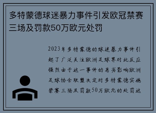 多特蒙德球迷暴力事件引发欧冠禁赛三场及罚款50万欧元处罚
