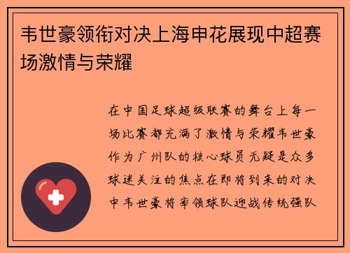 韦世豪领衔对决上海申花展现中超赛场激情与荣耀