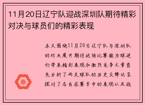 11月20日辽宁队迎战深圳队期待精彩对决与球员们的精彩表现