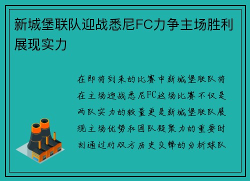 新城堡联队迎战悉尼FC力争主场胜利展现实力