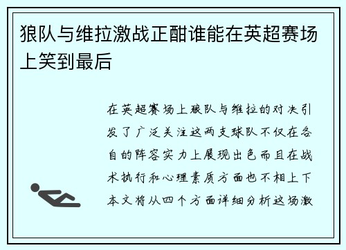 狼队与维拉激战正酣谁能在英超赛场上笑到最后