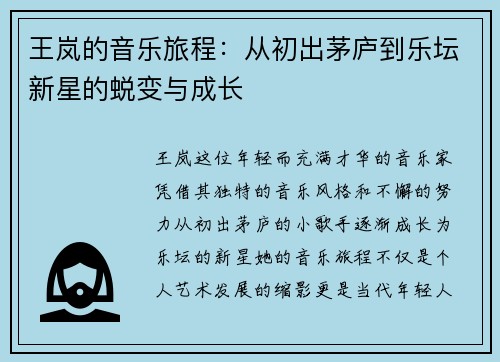 王岚的音乐旅程：从初出茅庐到乐坛新星的蜕变与成长