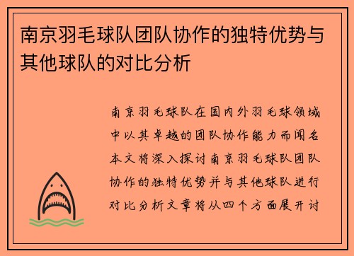 南京羽毛球队团队协作的独特优势与其他球队的对比分析