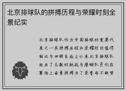 北京排球队的拼搏历程与荣耀时刻全景纪实