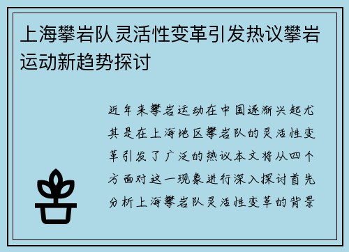 上海攀岩队灵活性变革引发热议攀岩运动新趋势探讨