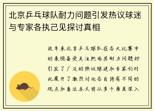 北京乒乓球队耐力问题引发热议球迷与专家各执己见探讨真相